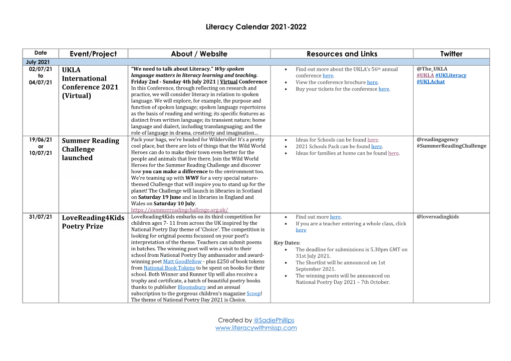 Literacy Calendar 2021-2022