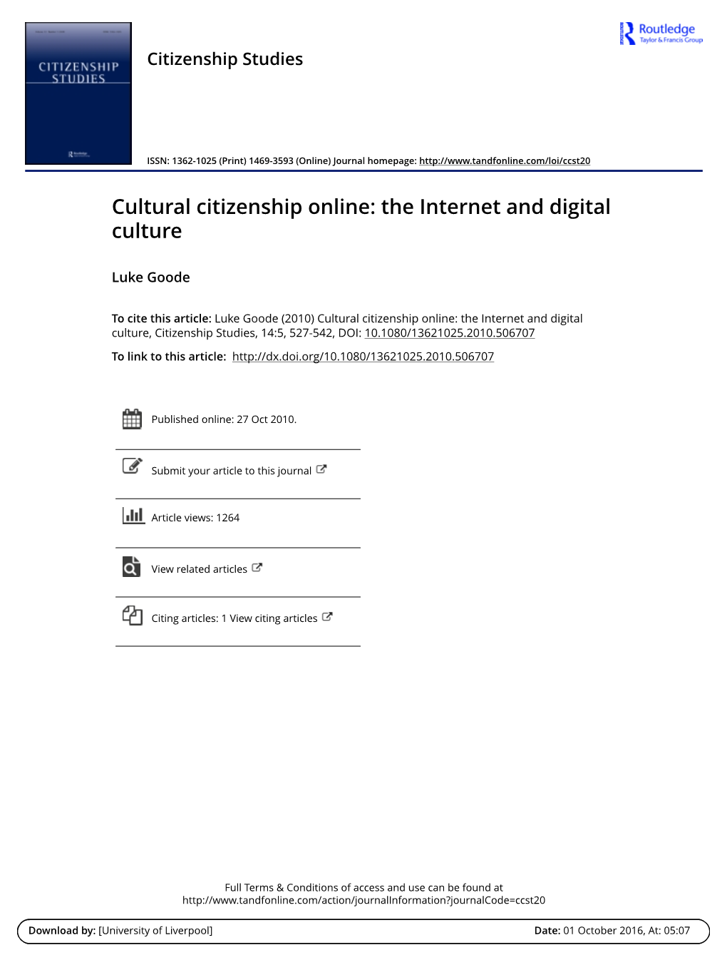 Cultural Citizenship Online: the Internet and Digital Culture