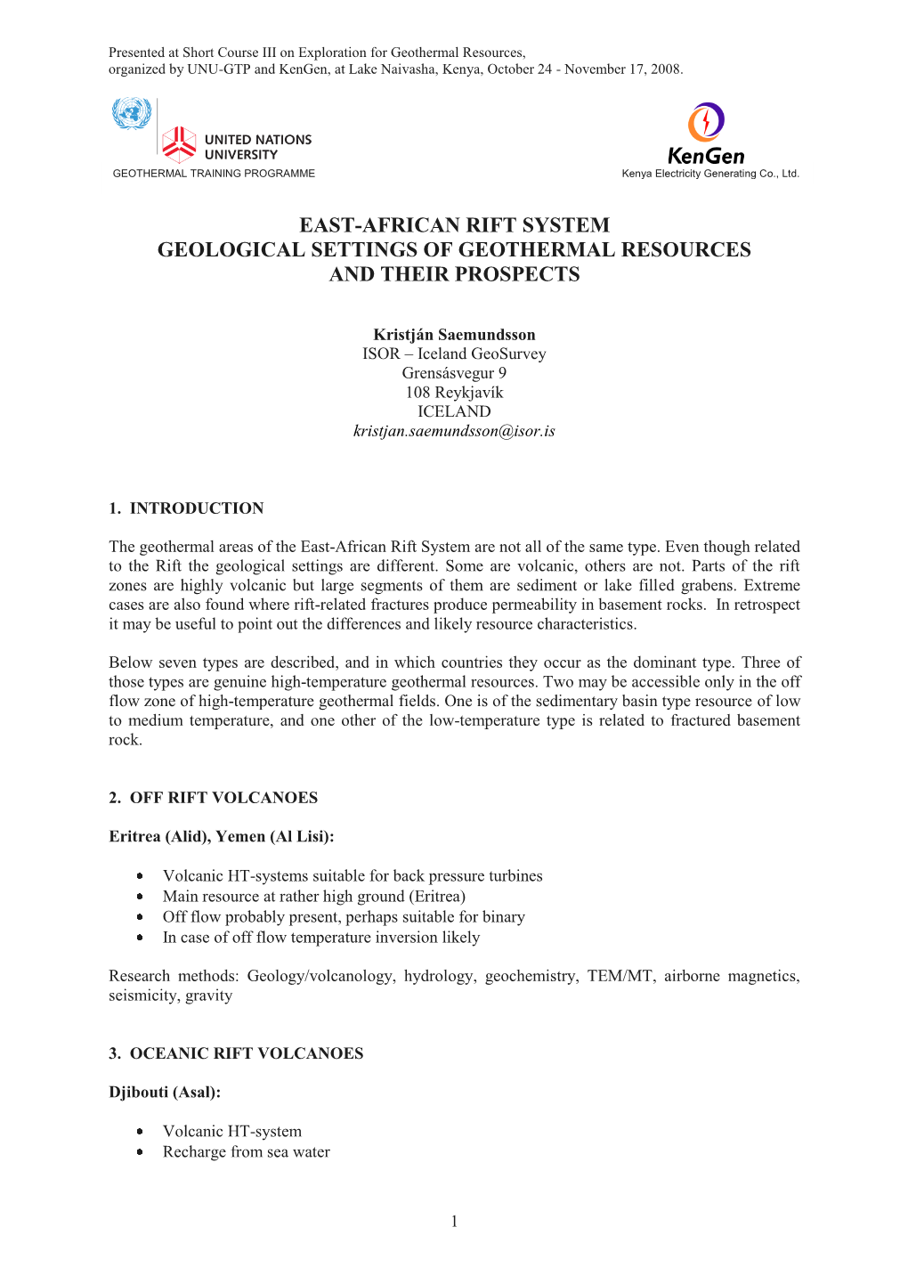 East-African Rift System Geological Settings of Geothermal Resources and Their Prospects