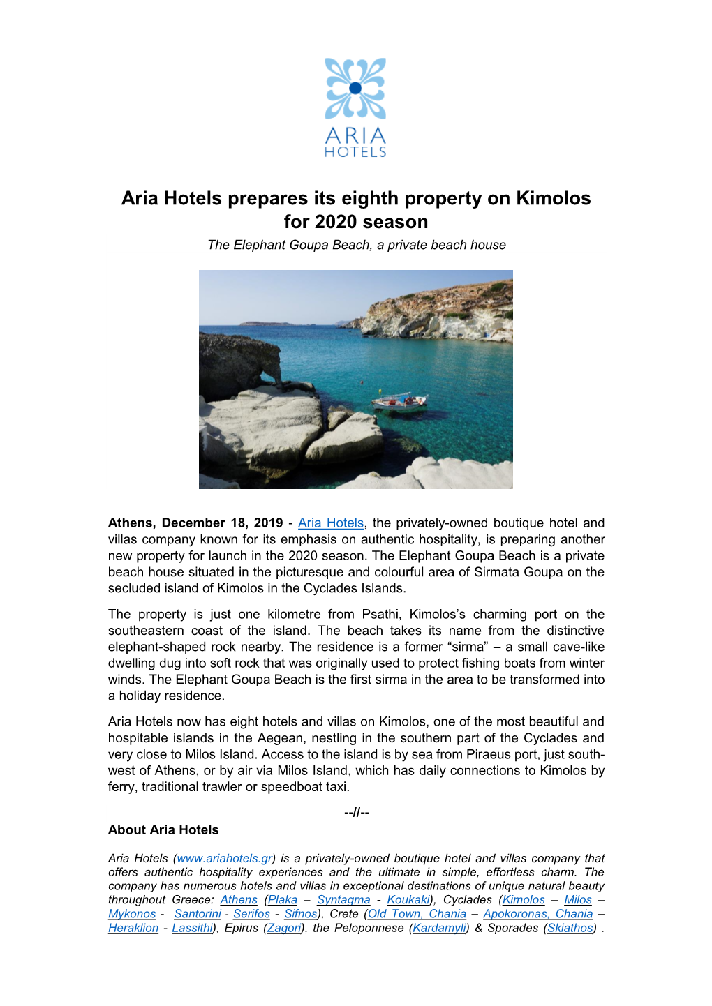 Aria Hotels Prepares Its Eighth Property on Kimolos for 2020 Season the Elephant Goupa Beach, a Private Beach House