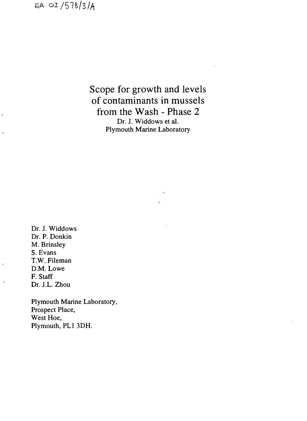 Scope for Growth and Levels of Contaminants in Mussels from the Wash - Phase 2 Dr