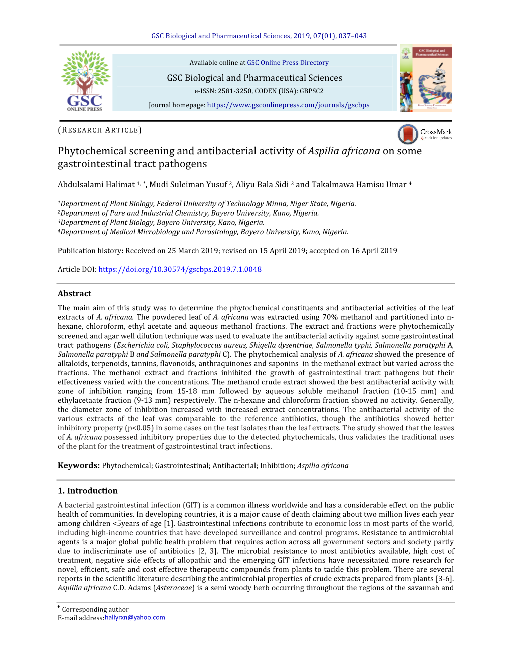 Phytochemical Screening and Antibacterial Activity of Aspilia Africana on Some Gastrointestinal Tract Pathogens