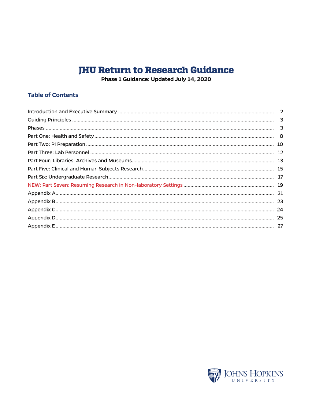 JHU Return to Research Guidance Phase 1 Guidance: Updated July 14, 2020