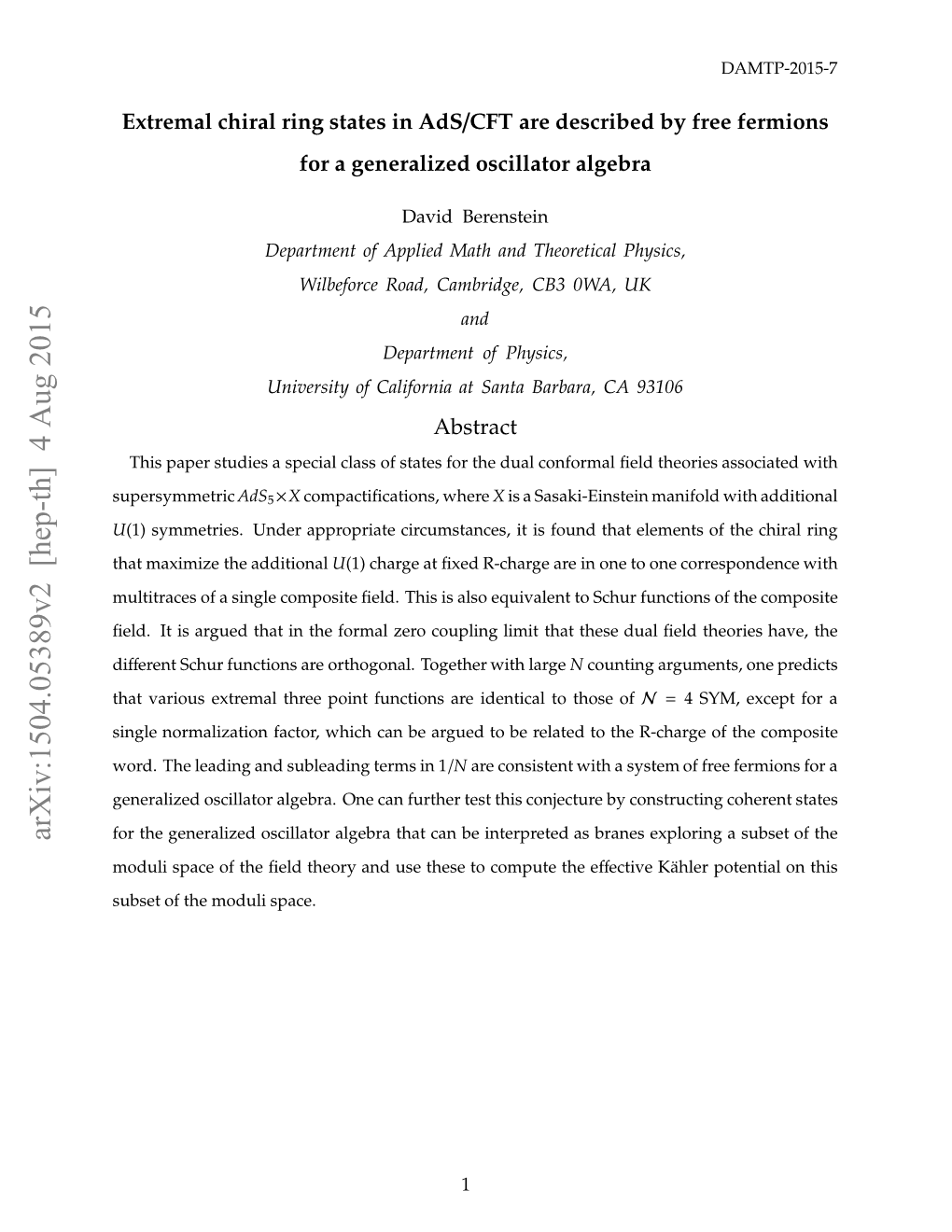 Extremal Chiral Ring States in Ads/CFT Are Described by Free Fermions for A