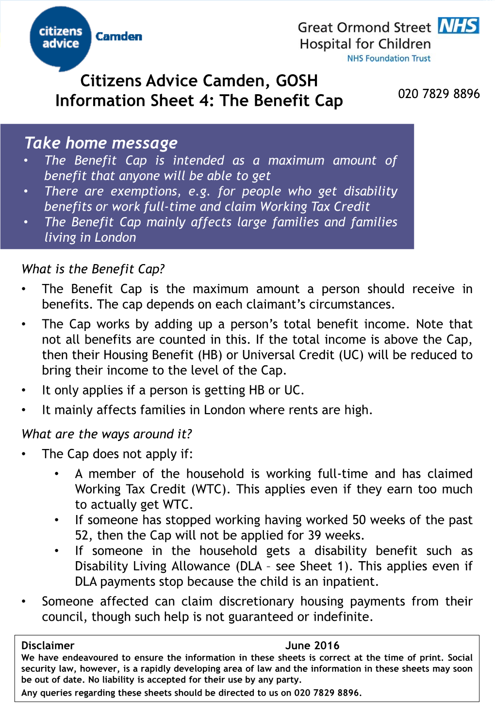 Citizens Advice Camden, GOSH Information Sheet 4: the Benefit Cap 020 7829 8896