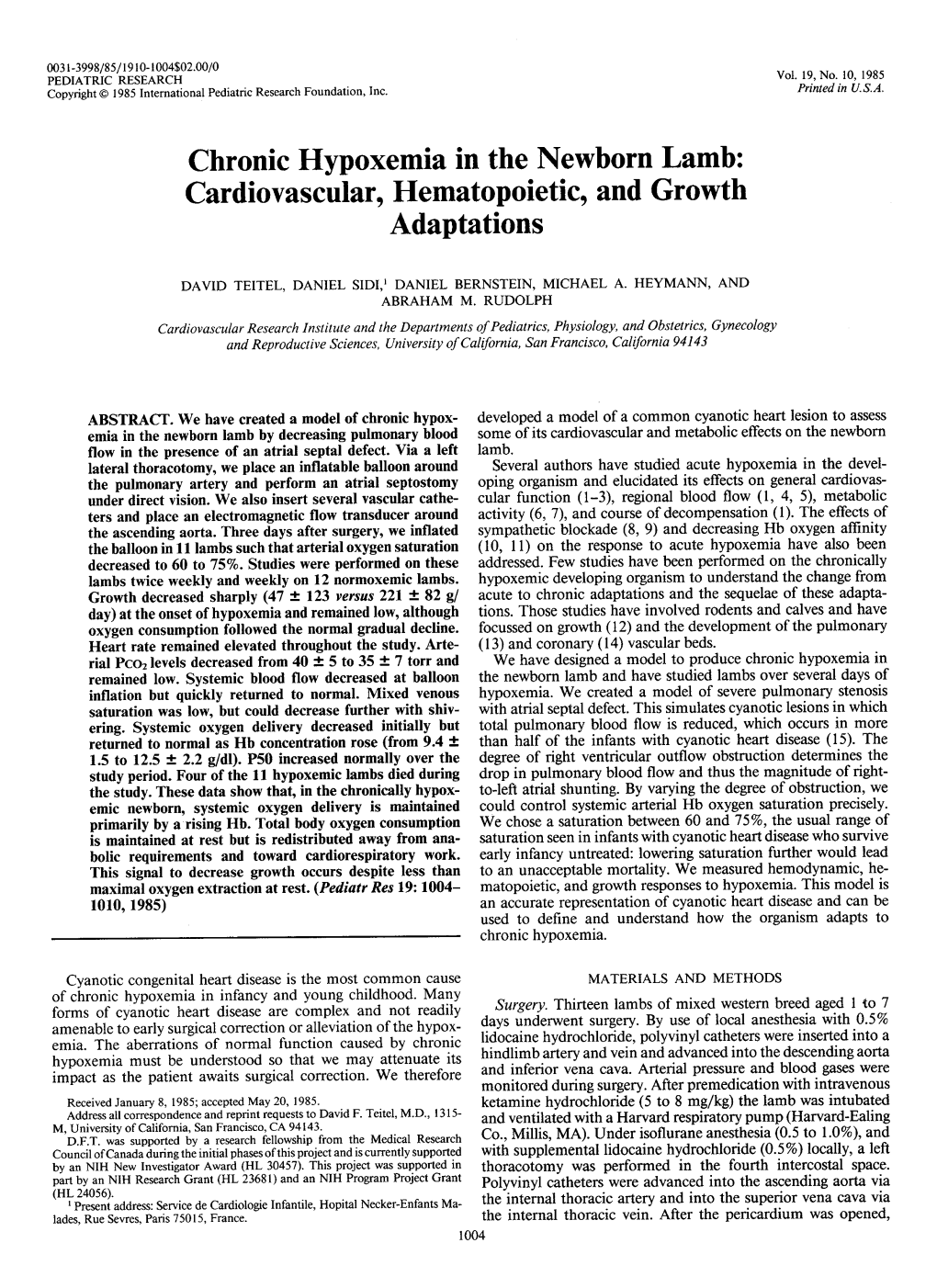 Chronic Hypoxemia in the Newborn Lamb: Cardiovascular, Hematopoietic, and Growth Adaptations