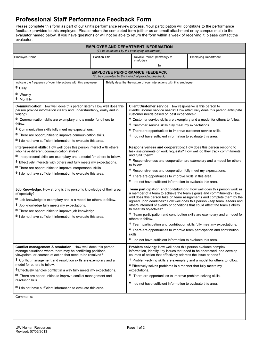 Professional Staff Performance Evaluation Performance Feedback