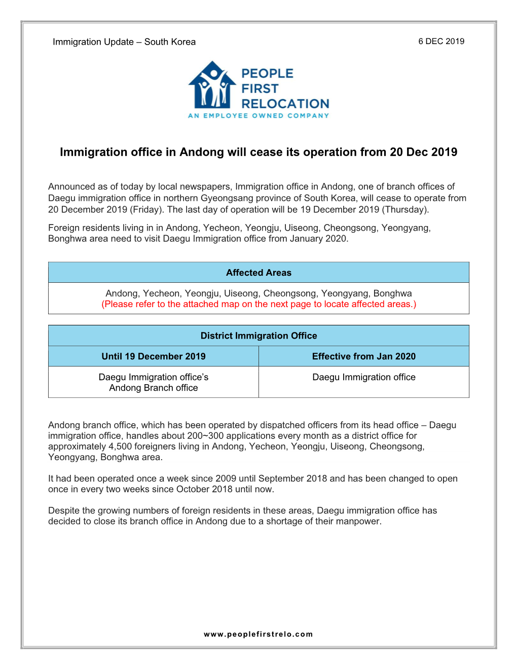 Immigration Office in Andong Will Cease Its Operation from 20 Dec 2019