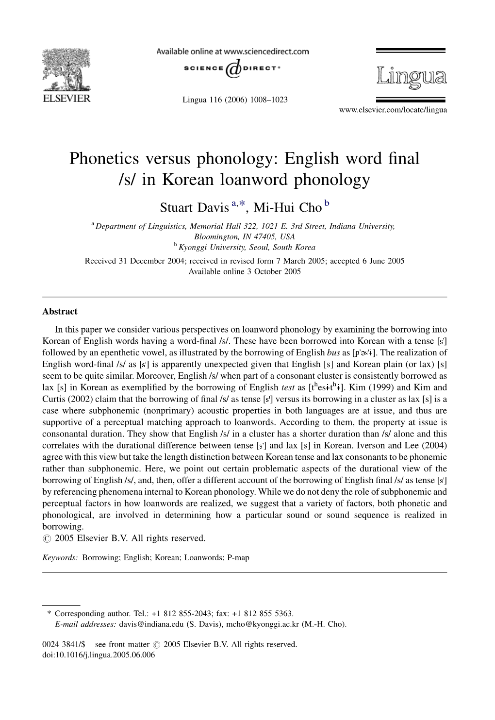 Phonetics Versus Phonology: English Word Final /S/ in Korean Loanword