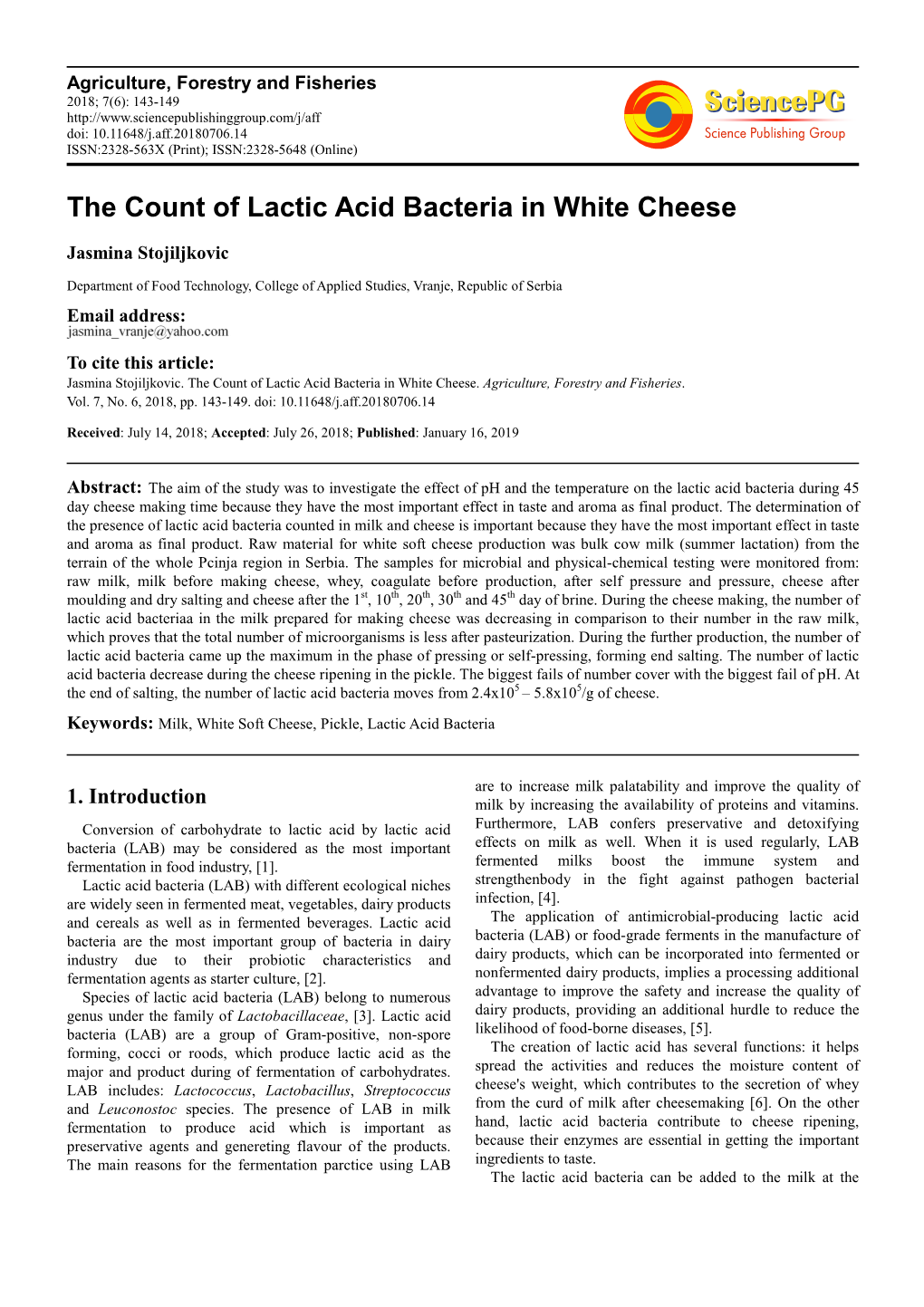 The Count of Lactic Acid Bacteria in White Cheese