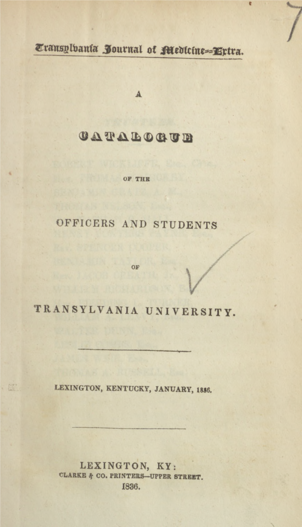 A Catalogue of the Officers and Students of Transylvania University