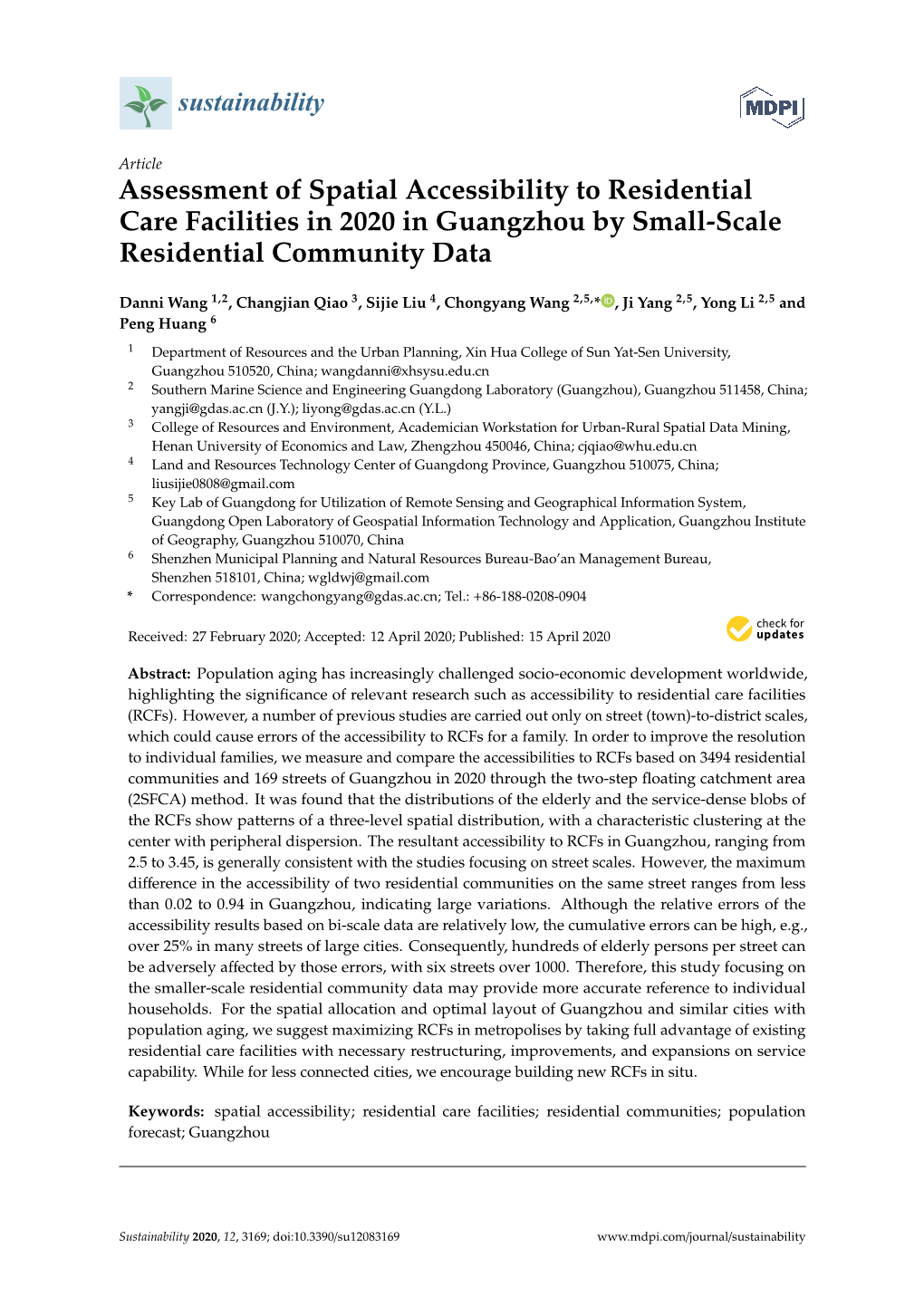 Assessment of Spatial Accessibility to Residential Care Facilities in 2020 in Guangzhou by Small-Scale Residential Community Data