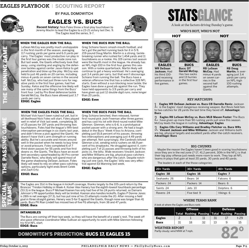 EAGLES VS. BUCS STATSGLANCE a Look at the Factors Driving Sunday’S Game