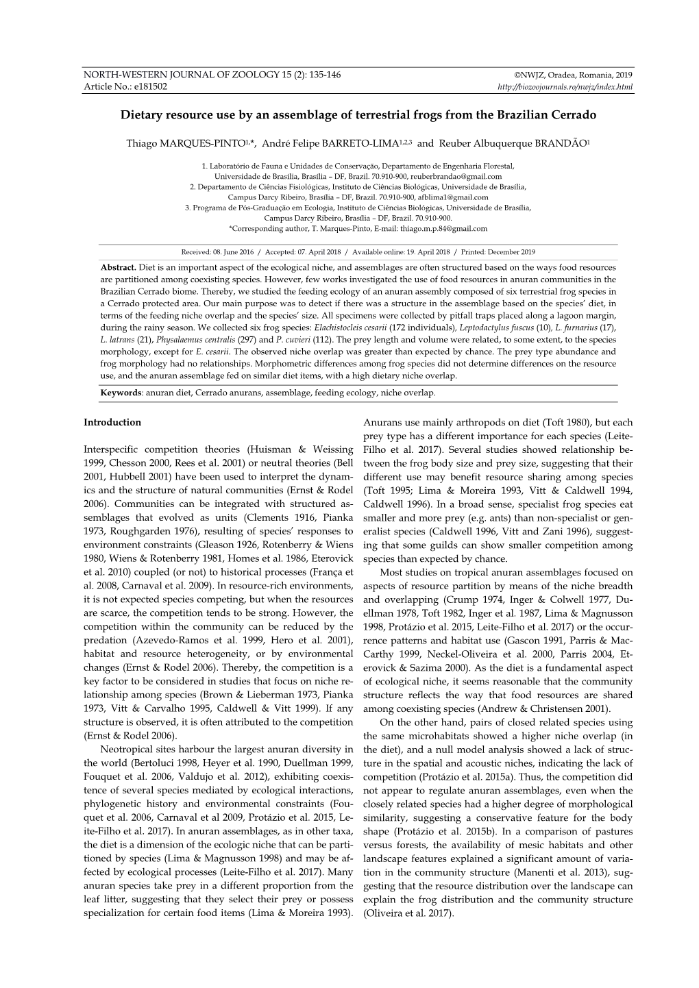 Dietary Resource Use by an Assemblage of Terrestrial Frogs from the Brazilian Cerrado