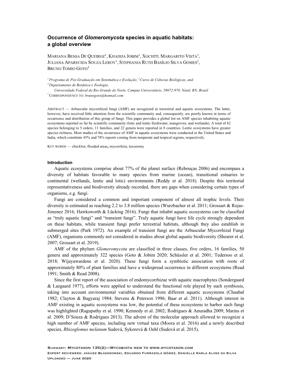 Occurrence of Glomeromycota Species in Aquatic Habitats: a Global Overview