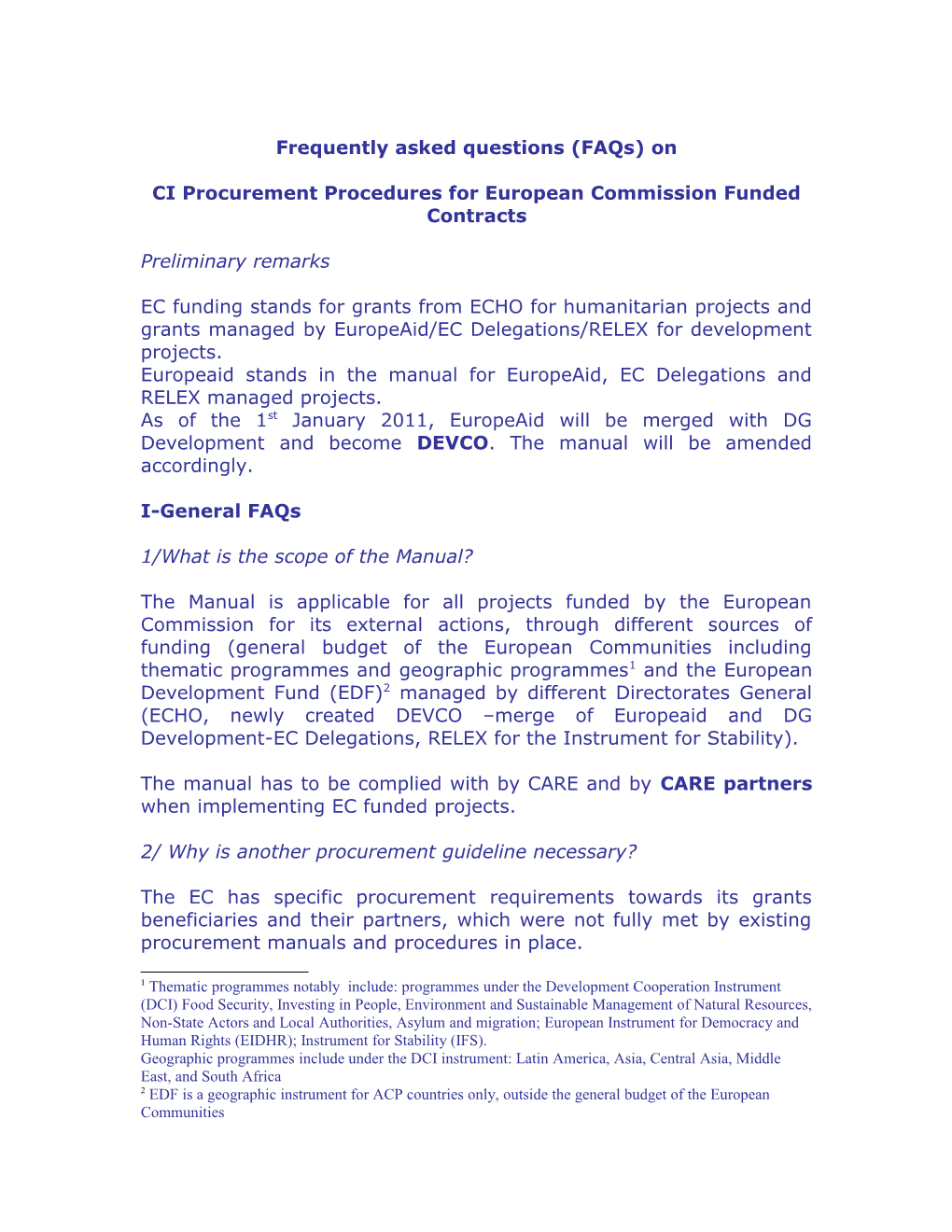 FAQ CI Procurement Procedures for European Commission Funded Contracts