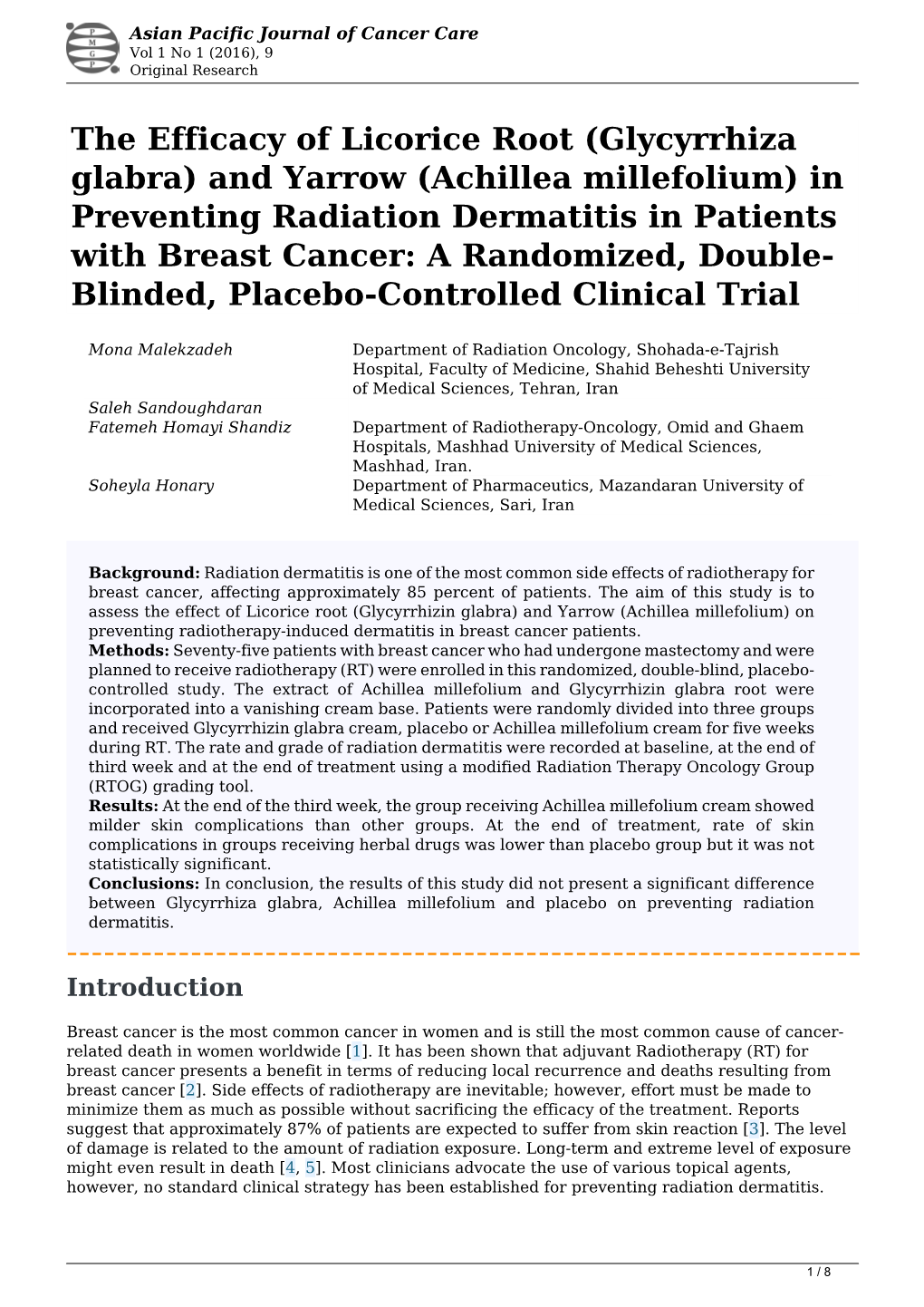 Achillea Millefolium) in Preventing Radiation Dermatitis in Patients with Breast Cancer: a Randomized, Double- Blinded, Placebo-Controlled Clinical Trial