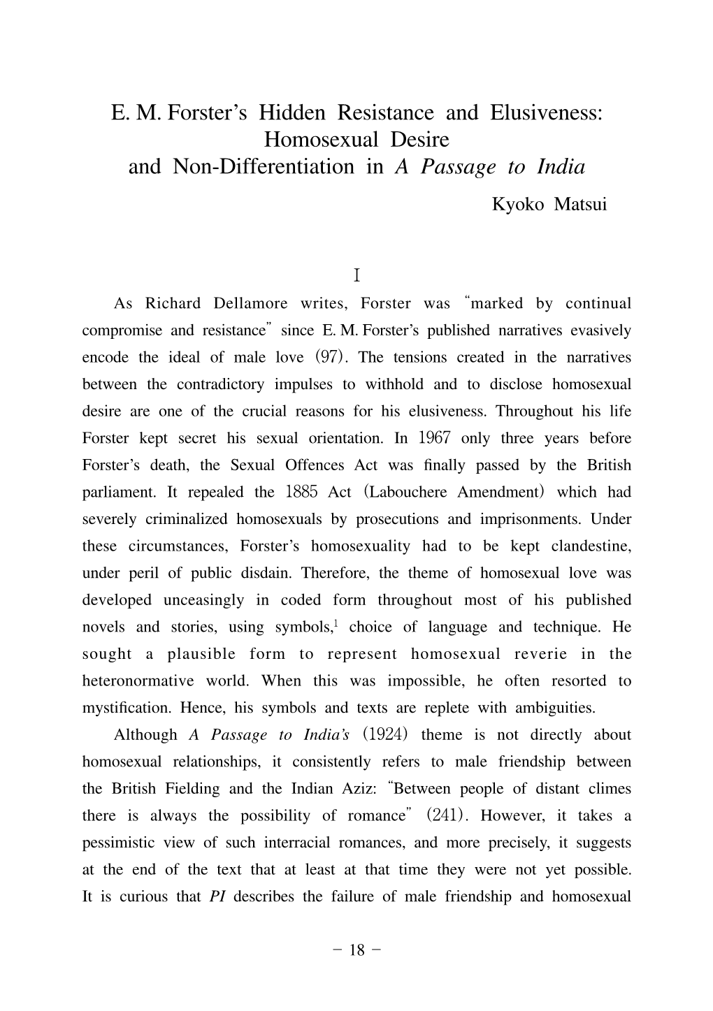 E. M. Forster's Hidden Resistance and Elusiveness: Homosexual Desire