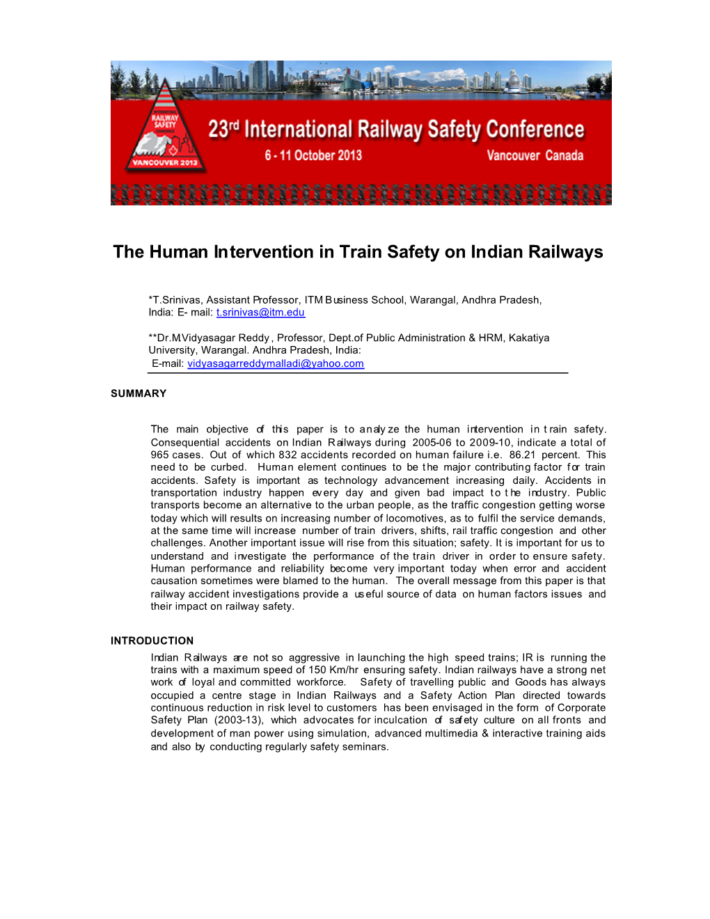 The Human Intervention in Train Safety on Indian Railways