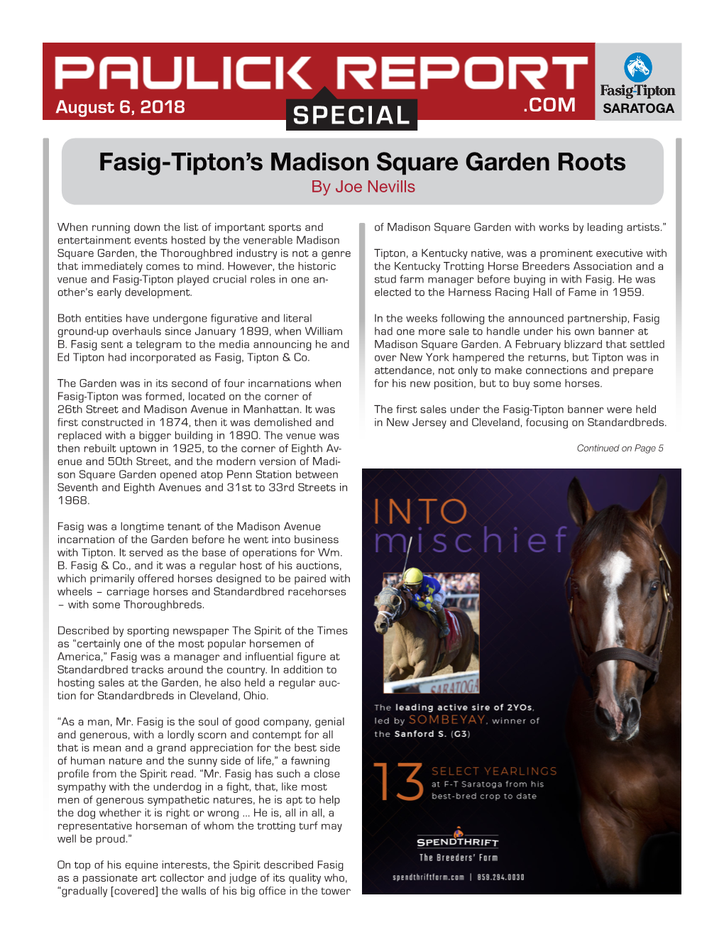 SPECIAL .COM SARATOGA Fasig-Tipton’S Madison Square Garden Roots by Joe Nevills