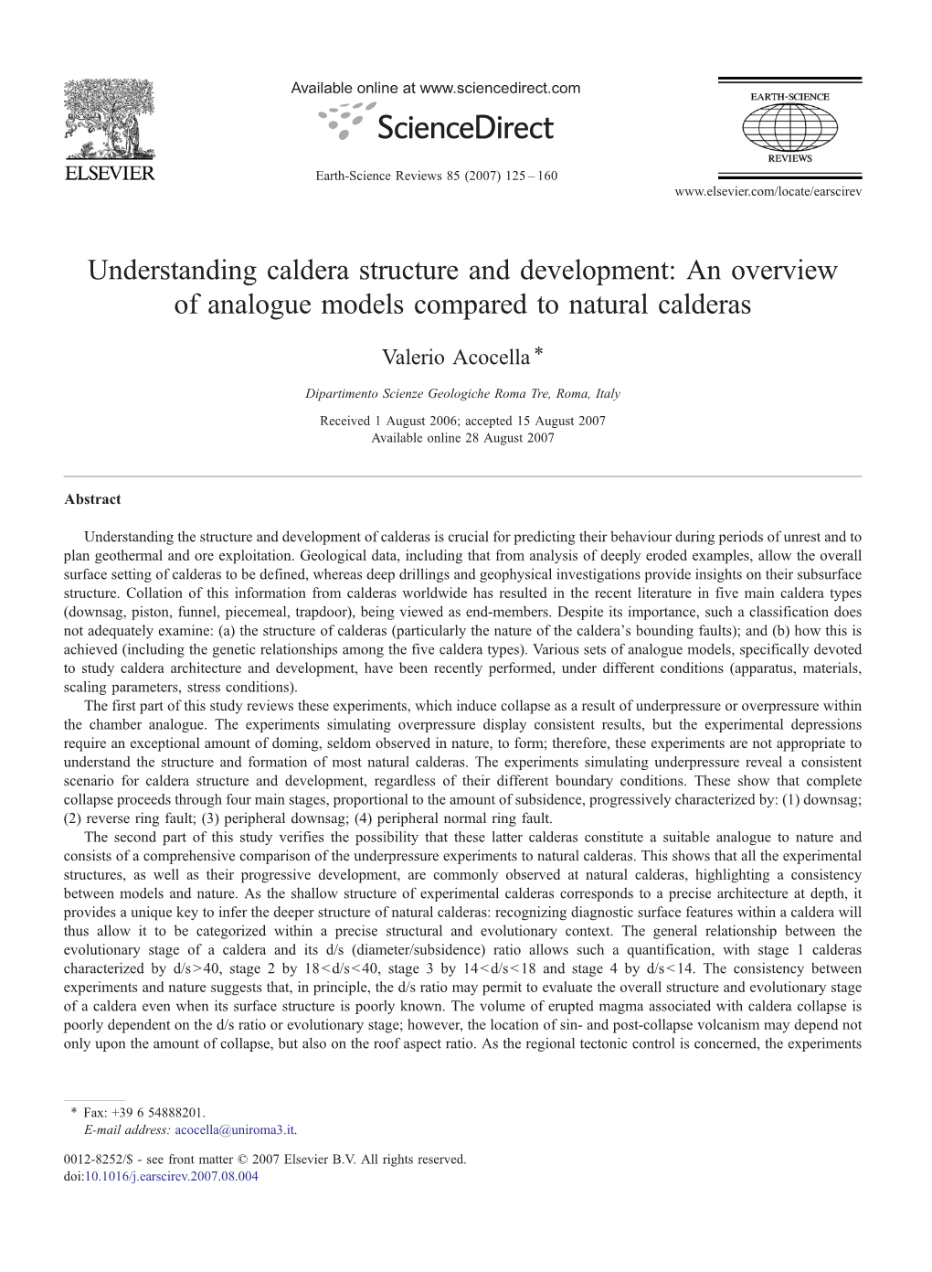 An Overview of Analogue Models Compared to Natural Calderas ⁎ Valerio Acocella