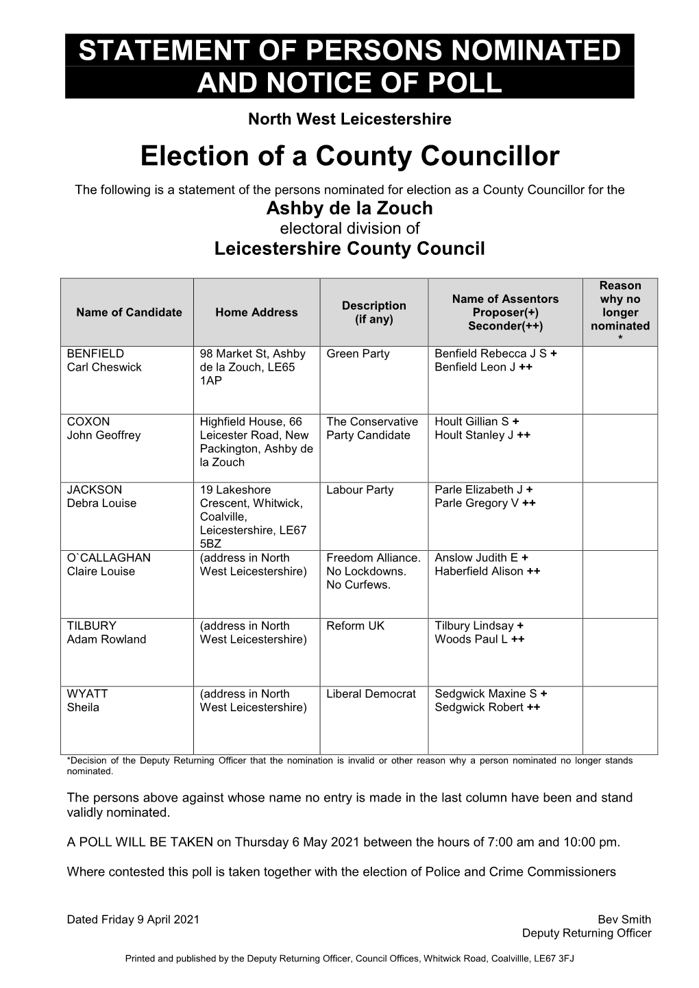 Nominated Candidates for North West Leicestershire District