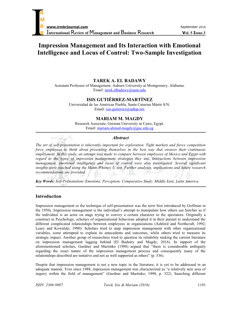 Impression Management and Its Interaction with Emotional Intelligence and Locus of Control: Two-Sample Investigation