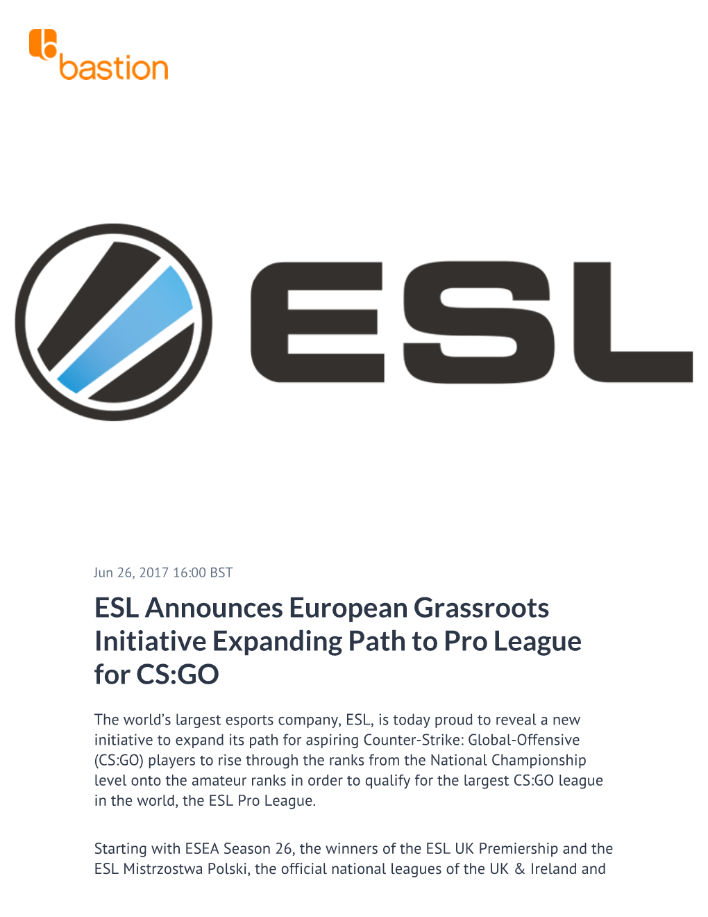 ESL Announces European Grassroots Initiative Expanding Path to Pro League for CS:GO