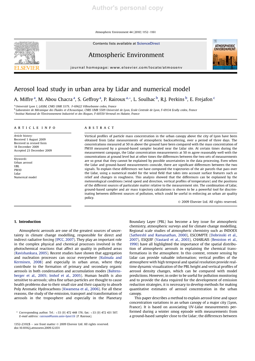 Miffre A., Abou Chacra M., Geffroy S., Rairoux P., Soulhac L., Perkins R.J. Et Frejafon E