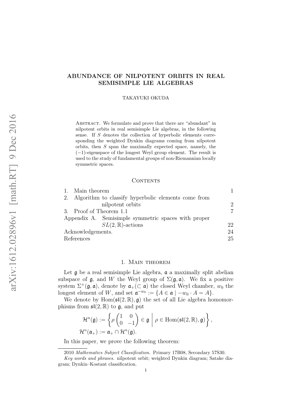 Arxiv:1612.02896V1 [Math.RT] 9 Dec 2016 Ogs Lmn of Element Longest Rm Yknksatclassiﬁcation