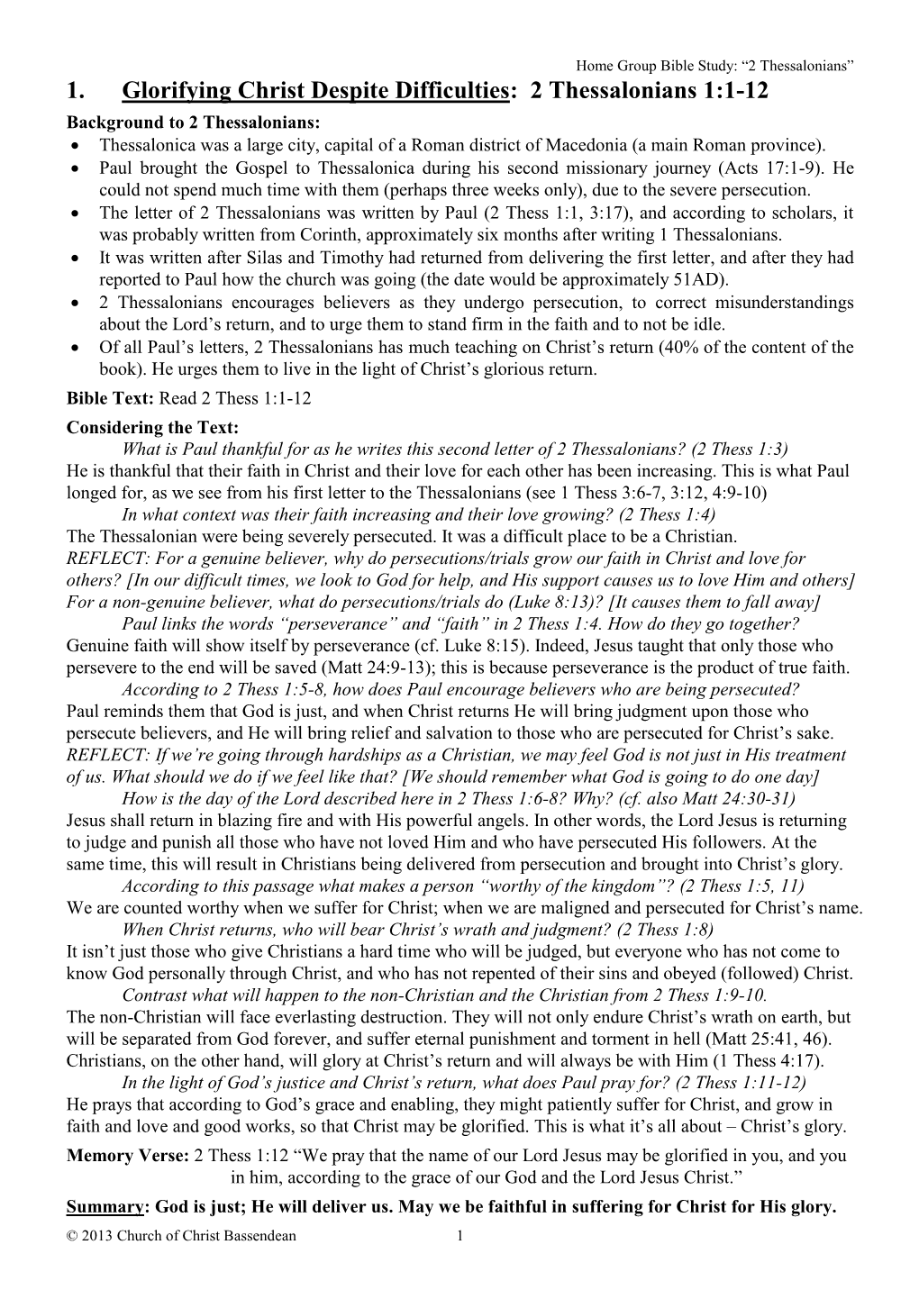 1. Glorifying Christ Despite Difficulties: 2 Thessalonians 1:1-12