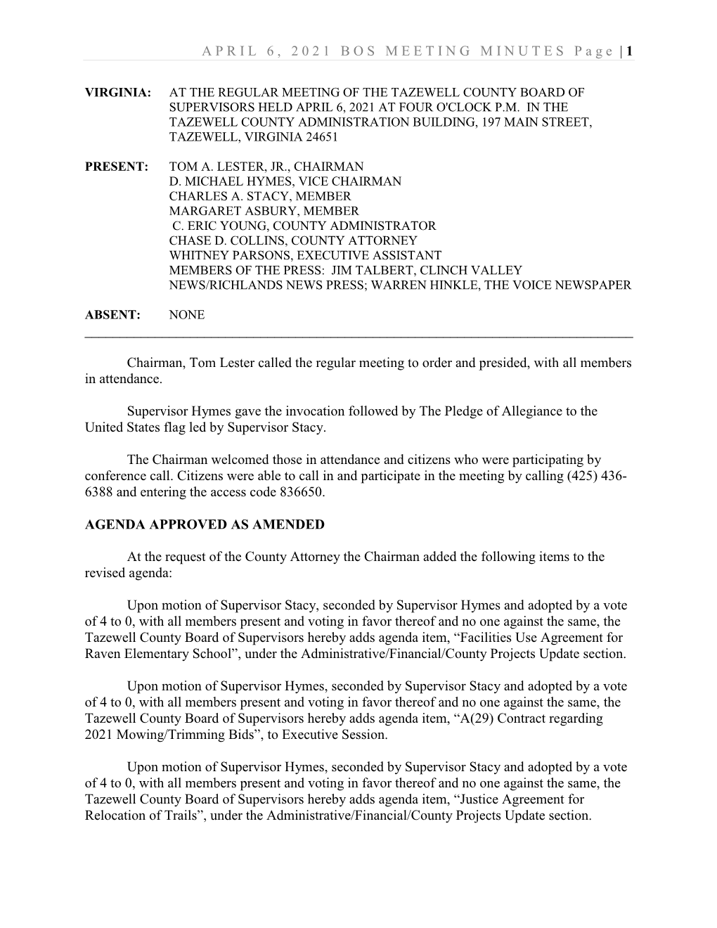 APRIL 6, 2021 BOS MEETING MINUTES Page | 1 Chairm