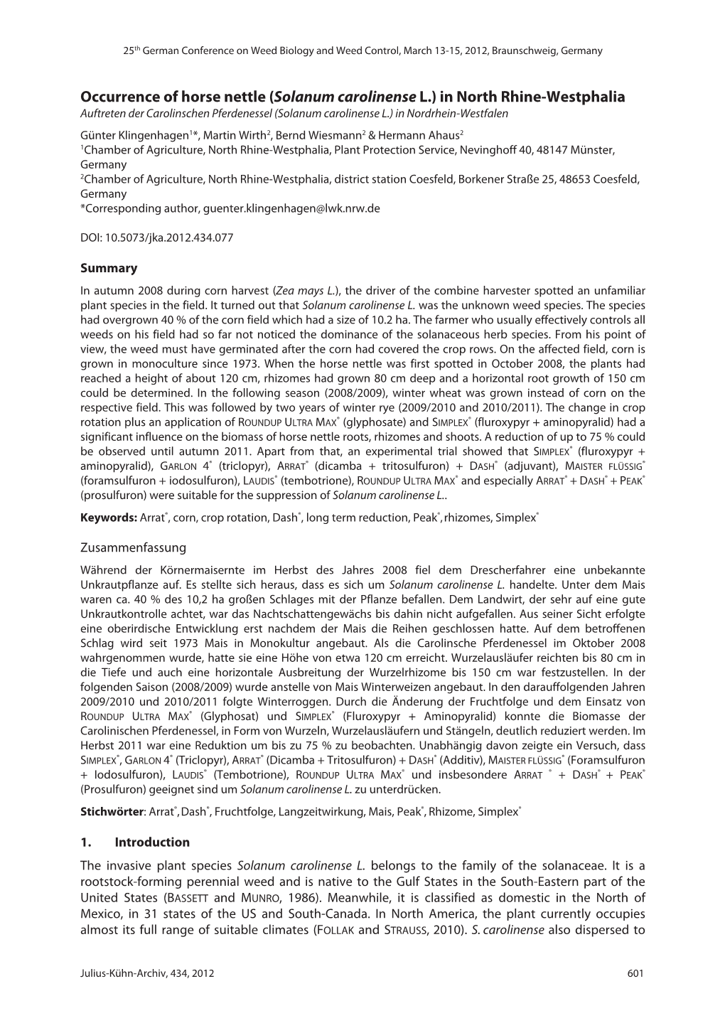 Occurrence of Horse Nettle (Solanum Carolinense L.) in North Rhine