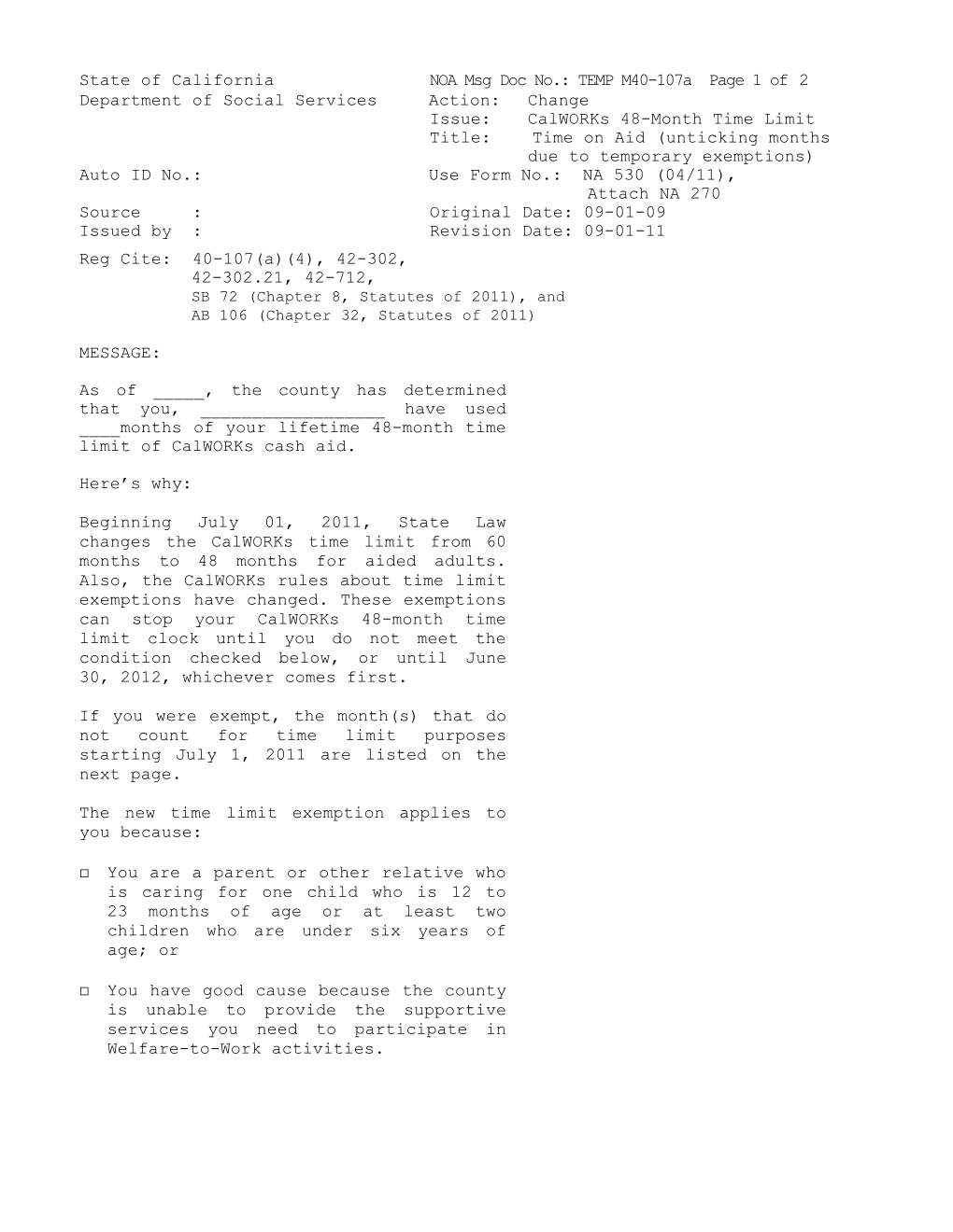 State of California NOA Msg Doc No.: TEMP M40-107A Page 1 of 2