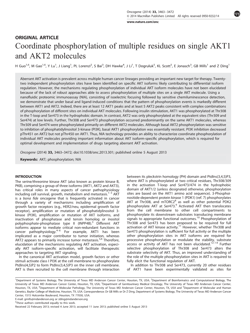 Coordinate Phosphorylation of Multiple Residues on Single AKT1 and AKT2 Molecules