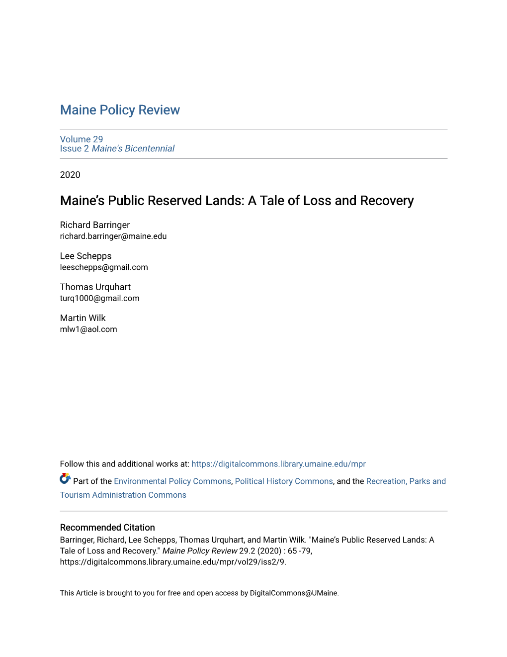 Maine Policy Review Maine's Public Reserved Lands