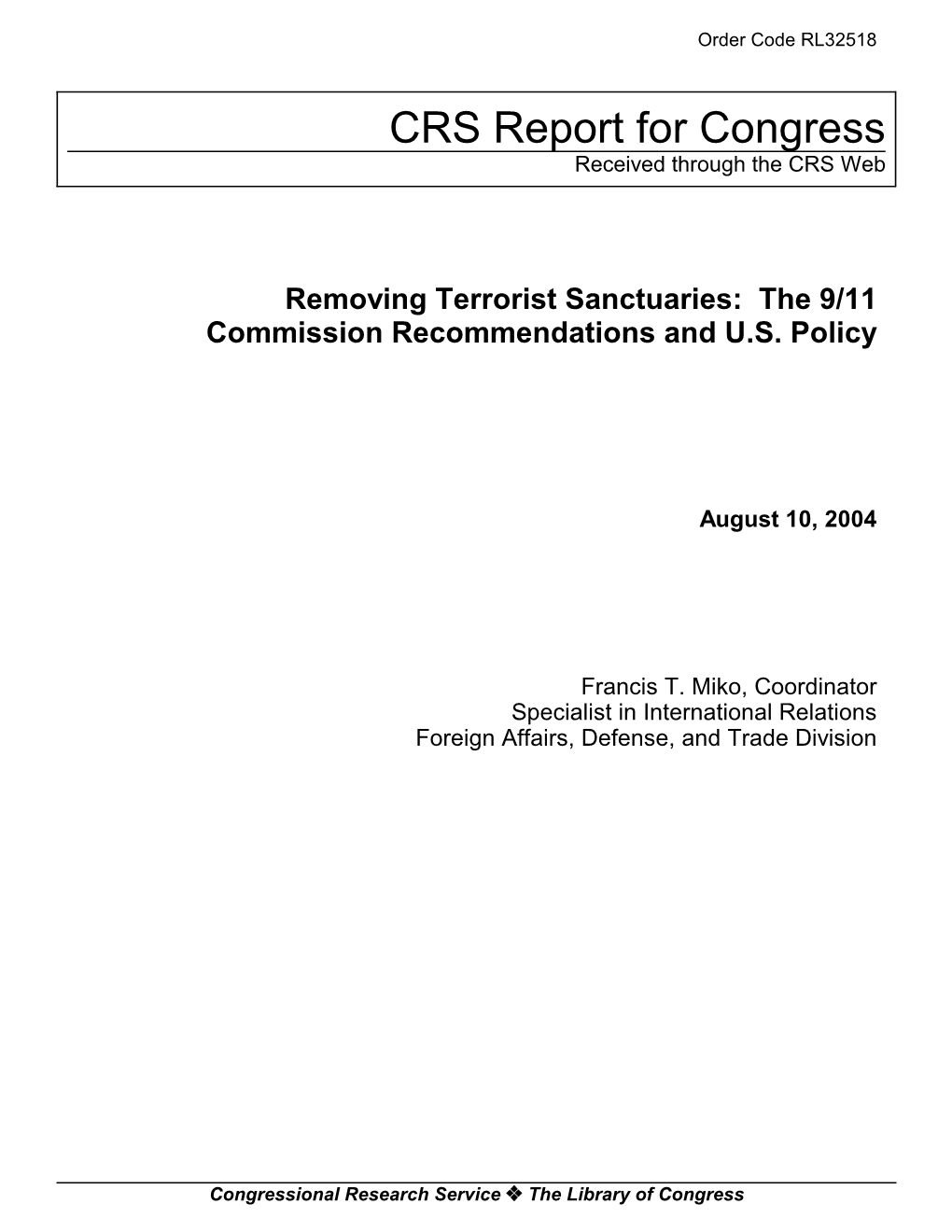 Removing Terrorist Sanctuaries: the 9/11 Commission Recommendations and U.S