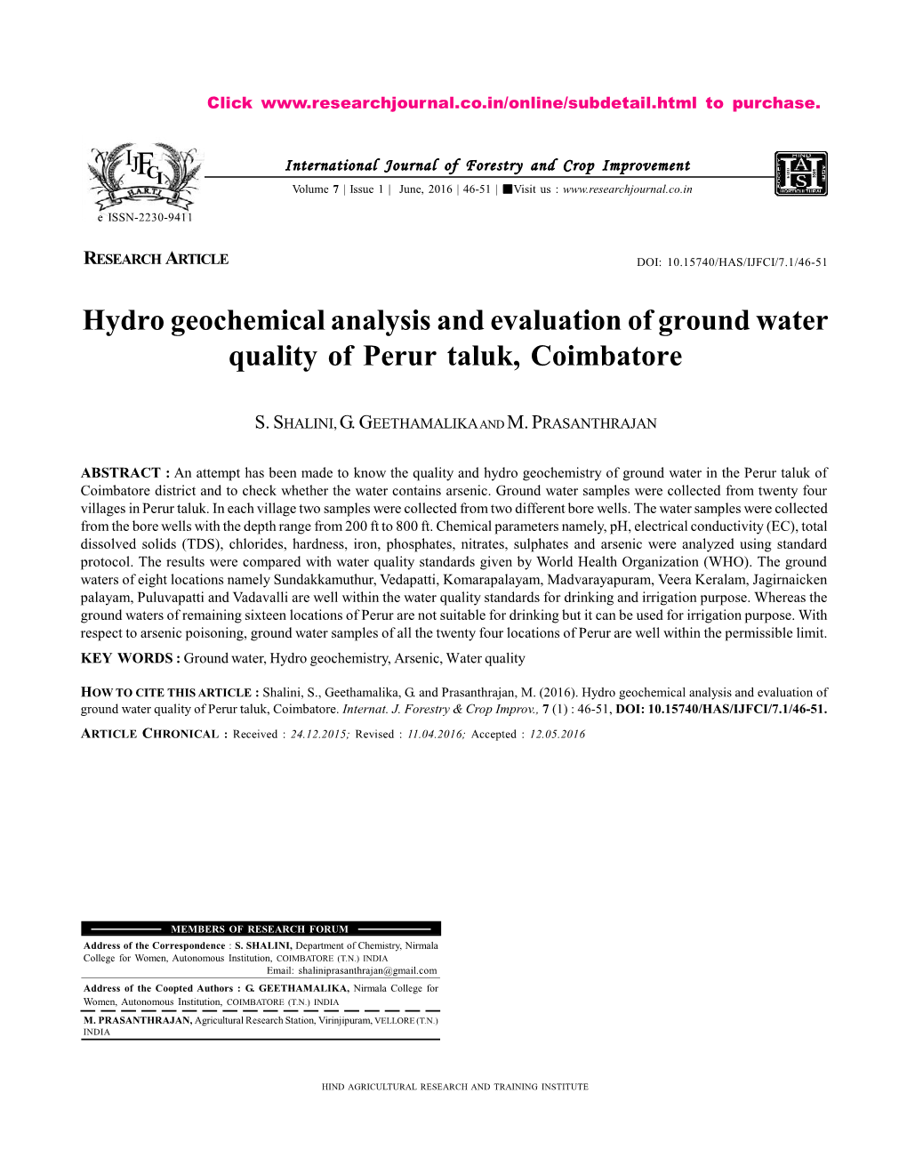 Hydro Geochemical Analysis and Evaluation of Ground Water Quality of Perur Taluk, Coimbatore