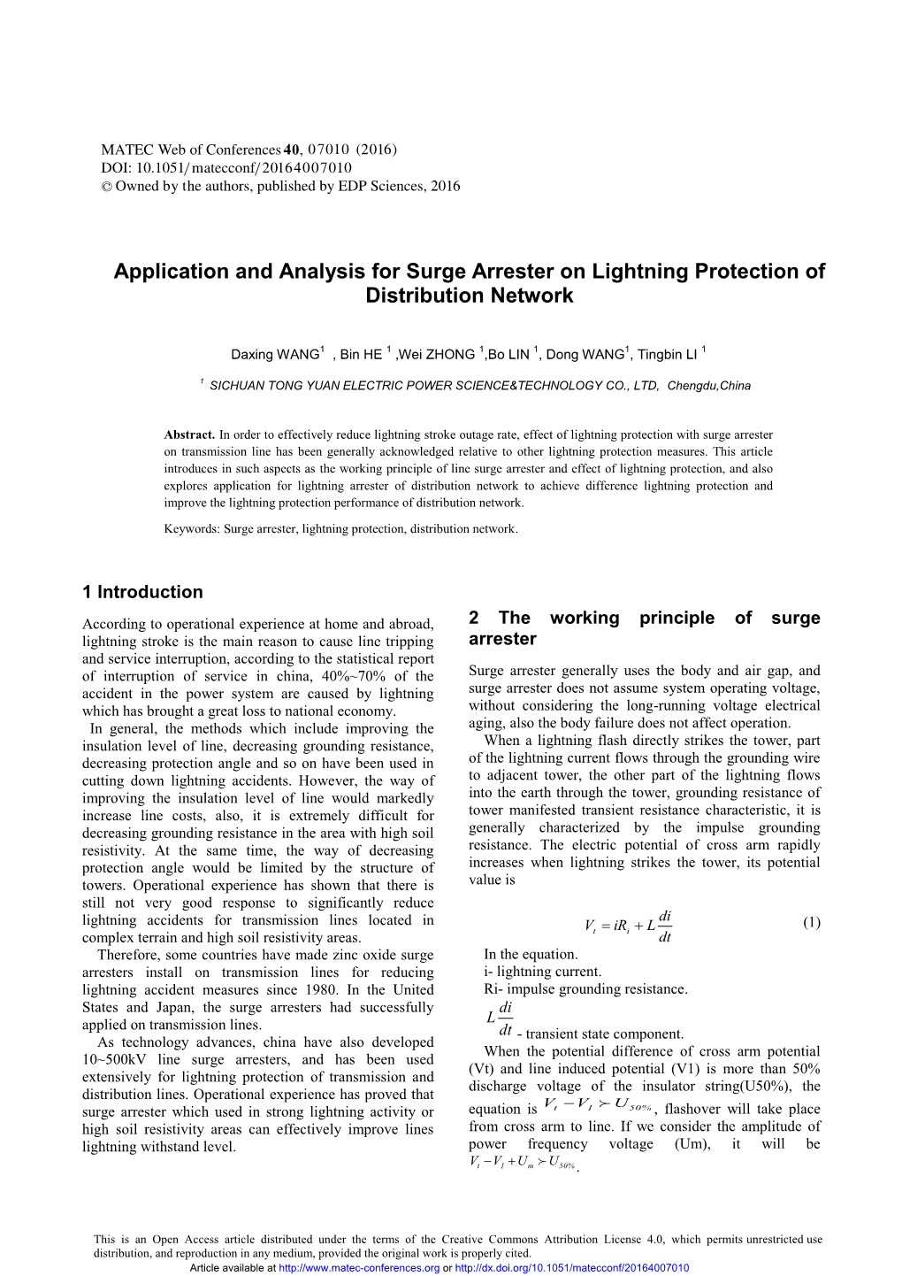 Application and Analysis for Surge Arrester on Lightning Protection of Distribution Network