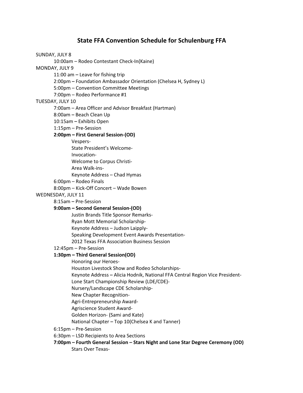 State FFA Convention Schedule for Schulenburg FFA