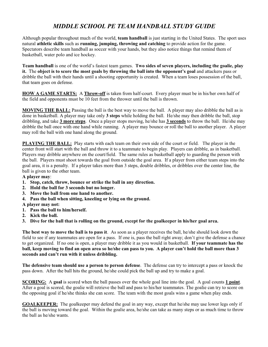 Team Handball Study Guide