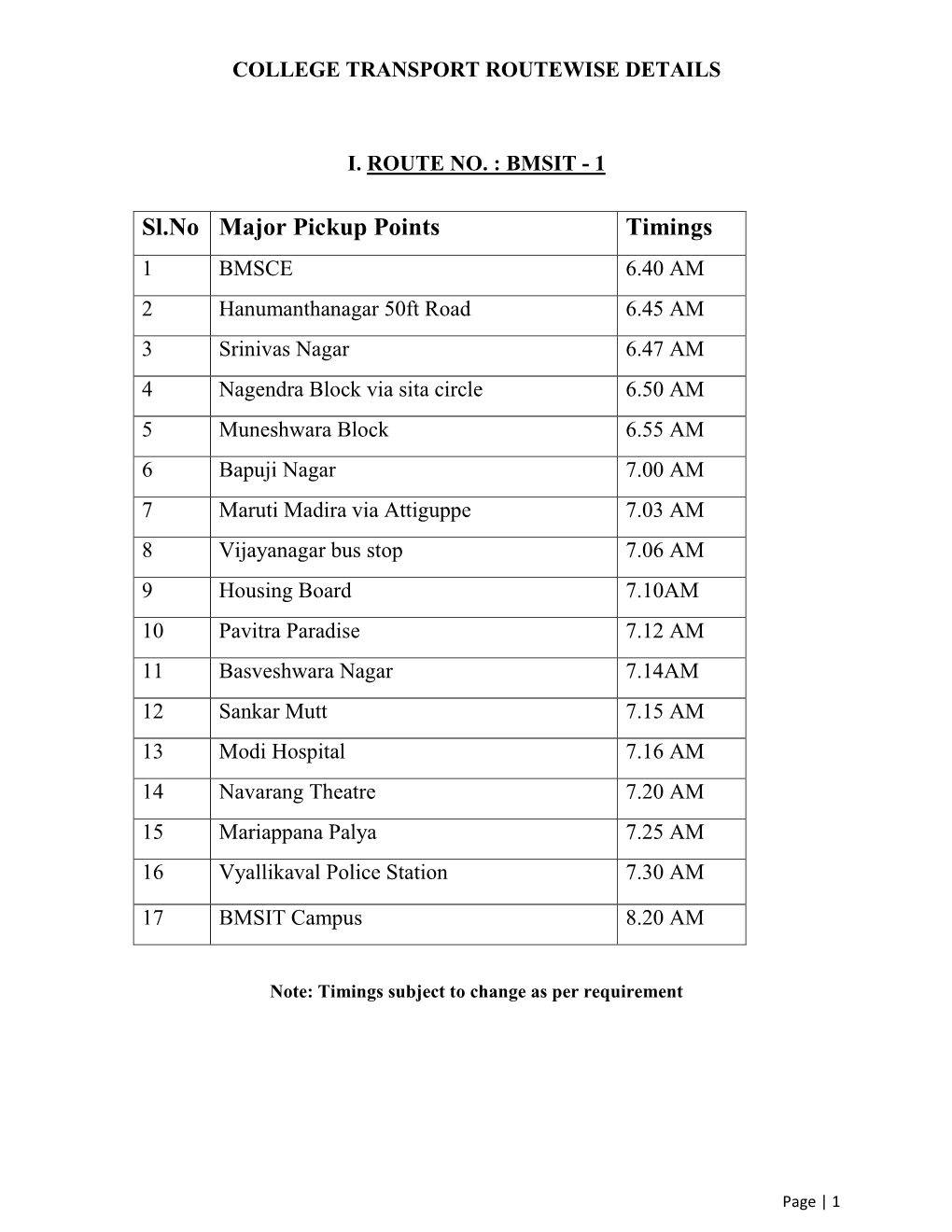 Sl.No Major Pickup Points Timings