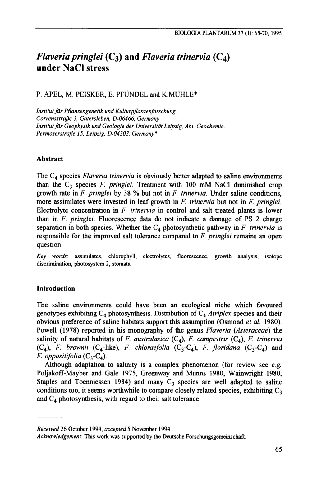 Flaveria Pringlei (C3) Andflaveria Trinervia (C4) Under Nacl Stress