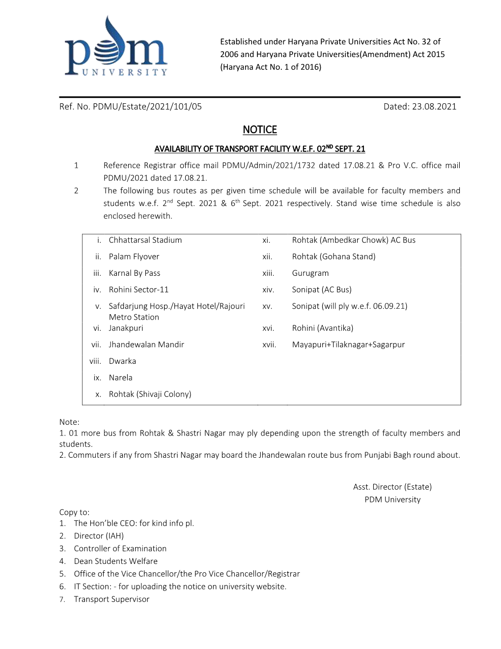 Notice Availability of Transport Facility W.E.F