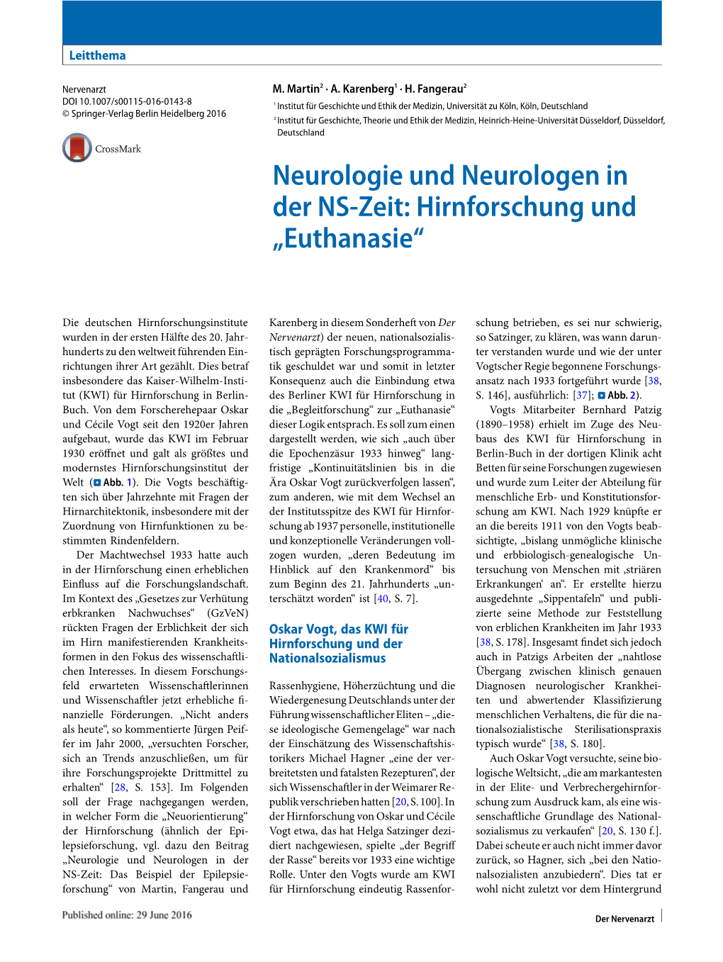 Neurologie Und Neurologen in Der NS-Zeit: Hirnforschung Und „Euthanasie“