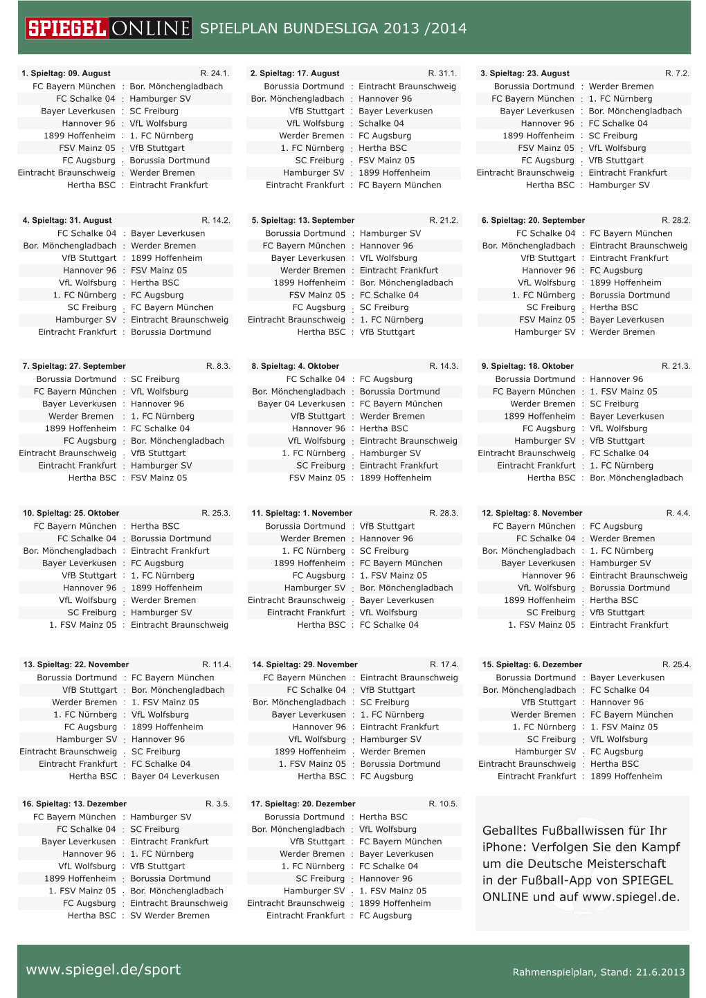 Spielplan Bundesliga 2013 /2014