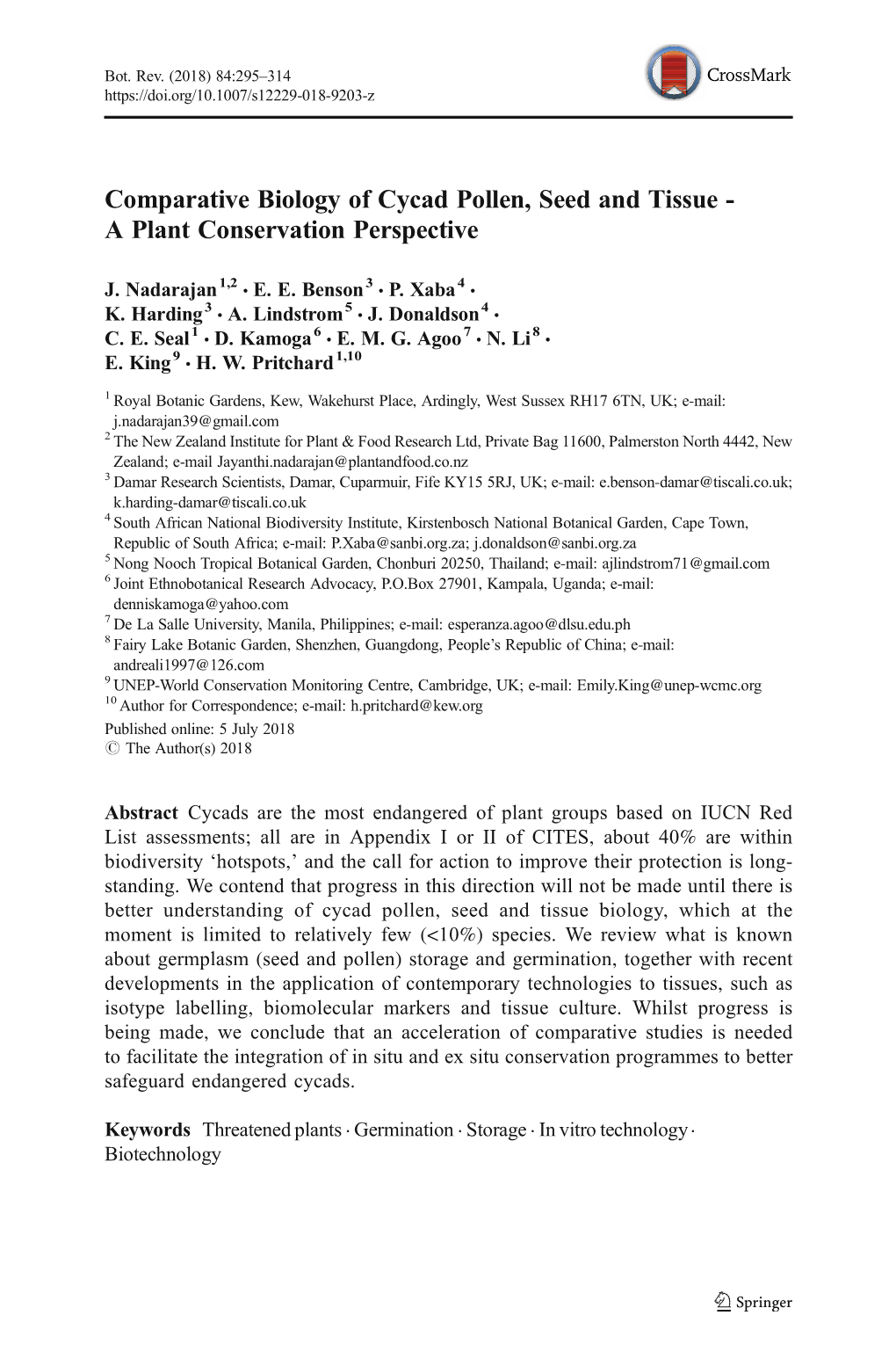 Comparative Biology of Cycad Pollen, Seed and Tissue - a Plant Conservation Perspective