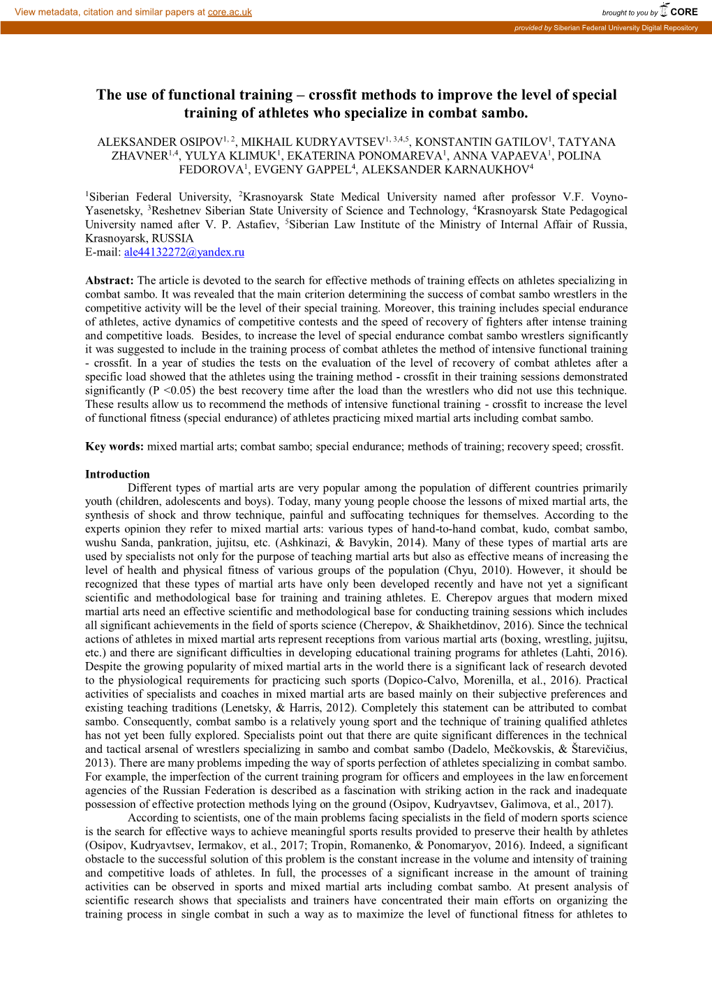 The Use of Functional Training – Crossfit Methods to Improve the Level of Special Training of Athletes Who Specialize in Combat Sambo