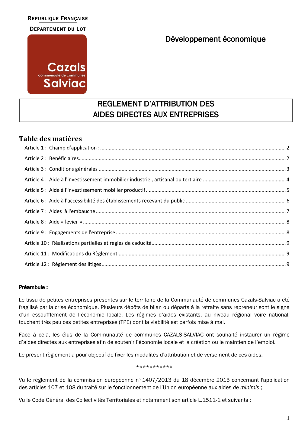 Développement Économique REGLEMENT D'attribution