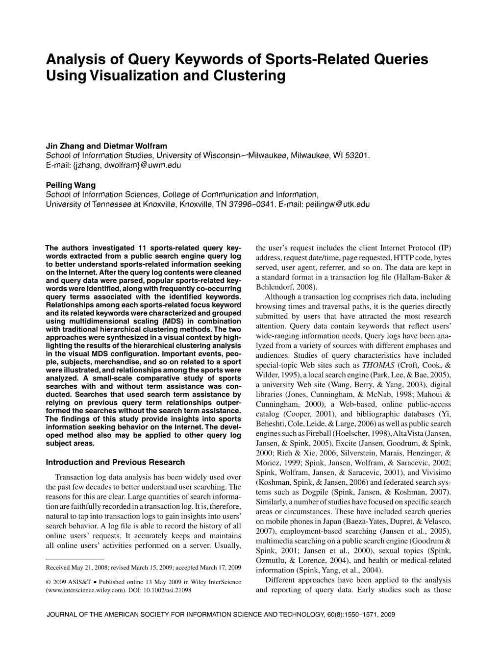 Analysis of Query Keywords of Sports-Related Queries Using Visualization and Clustering